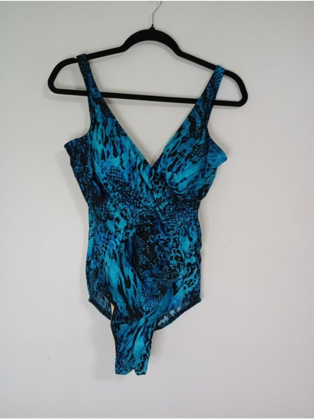 Miraclesuit Womens Blue & Black Ruched Animal Print One-Piece Swimsuit Size 14